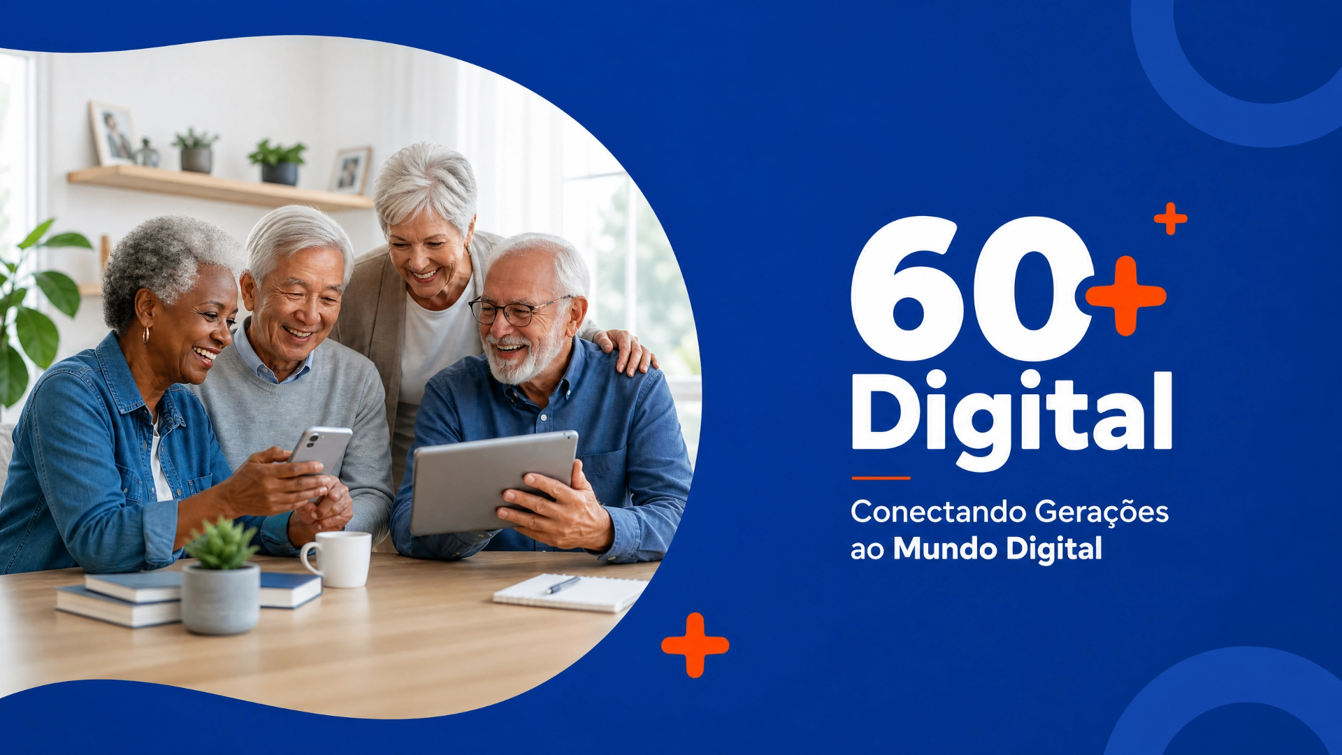 Idosos sorridentes aprendendo a usar celular e tablet — 60+ Digital, Conectando Gerações ao Mundo Digital